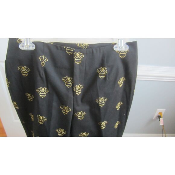 FESTIVE BLACK PANTS WITH GOLD METALLIC THREAD CHRISTMAS BALLS & BOWS SIZE 8 - Picture 2 of 5